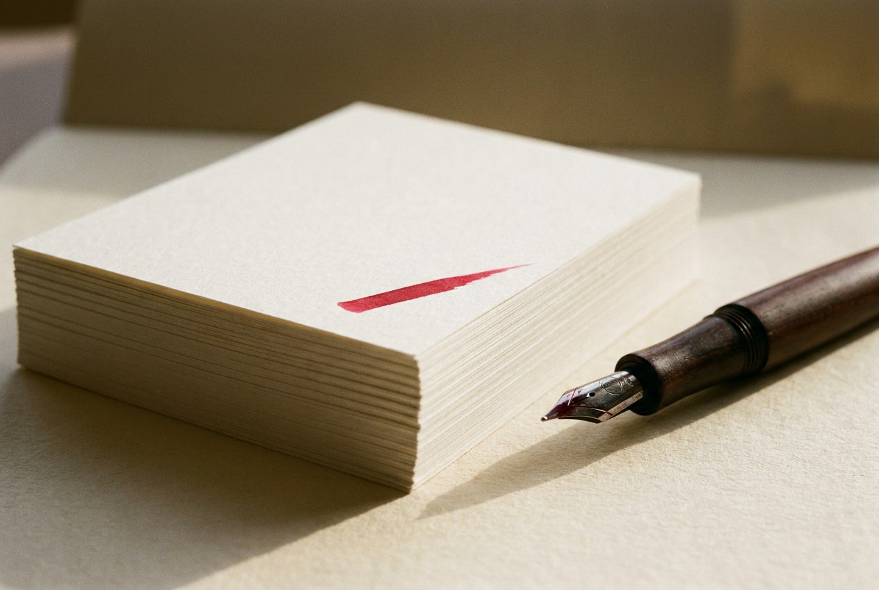 A stack of printed pages topped by one sheet bearing a single red pen stroke, a fountain pen alongside