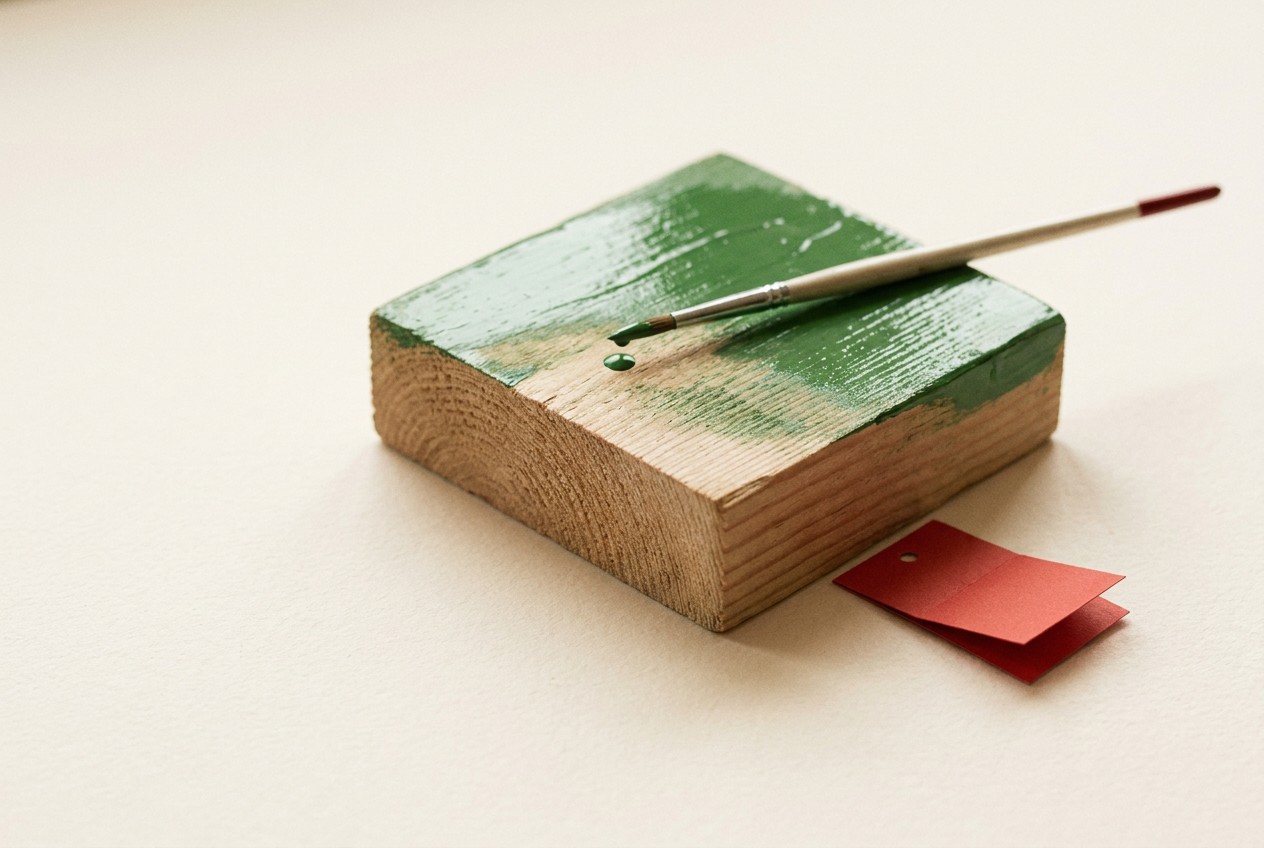 Raw wood half-painted glossy green with an artist's brush, a red paper tag resting beside it
