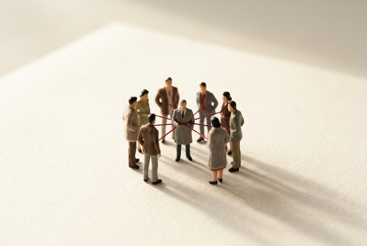 Miniature model figures standing in a circle, linked by red threads radiating from a central figure