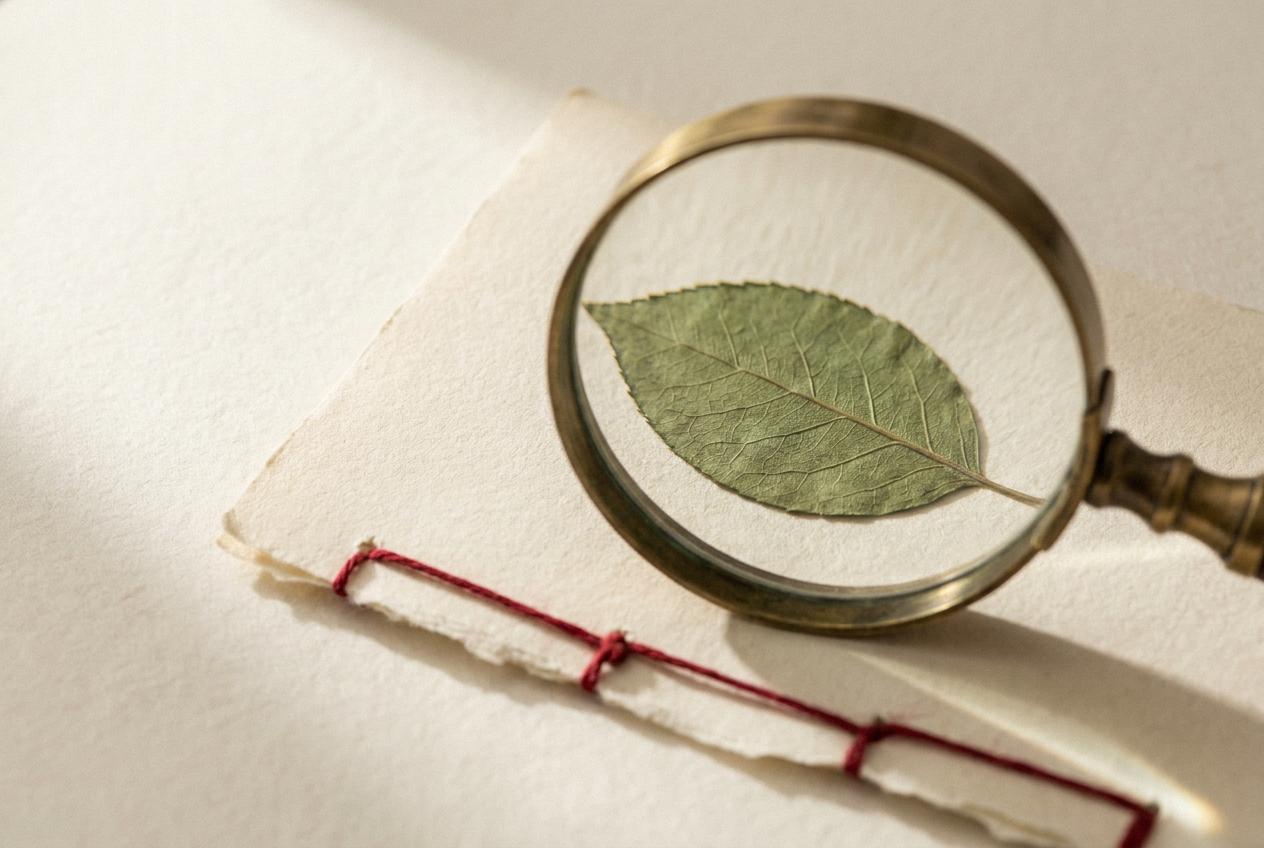 A pressed green leaf examined under an antique brass magnifying glass on torn cream paper stitched with red thread